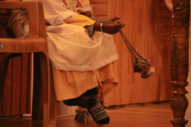 Thurible: metal censer with chains in which incense is burned and is gently swung by the priest or thurifier.