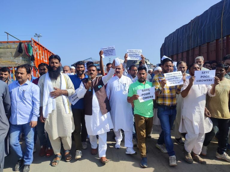 Sopore Fruit Growers Protest Against Halting Of Fruit-Laden Trucks On NH-44